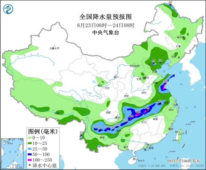 图2 全国降水量预报图(8月23日08时-24日08时)