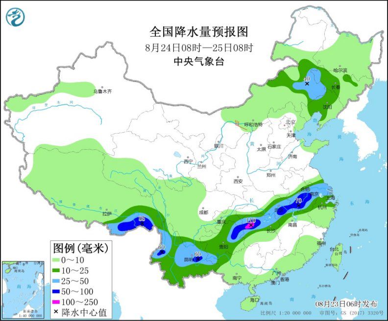 图3 全国降水量预报图(8月24日08时-25日08时)