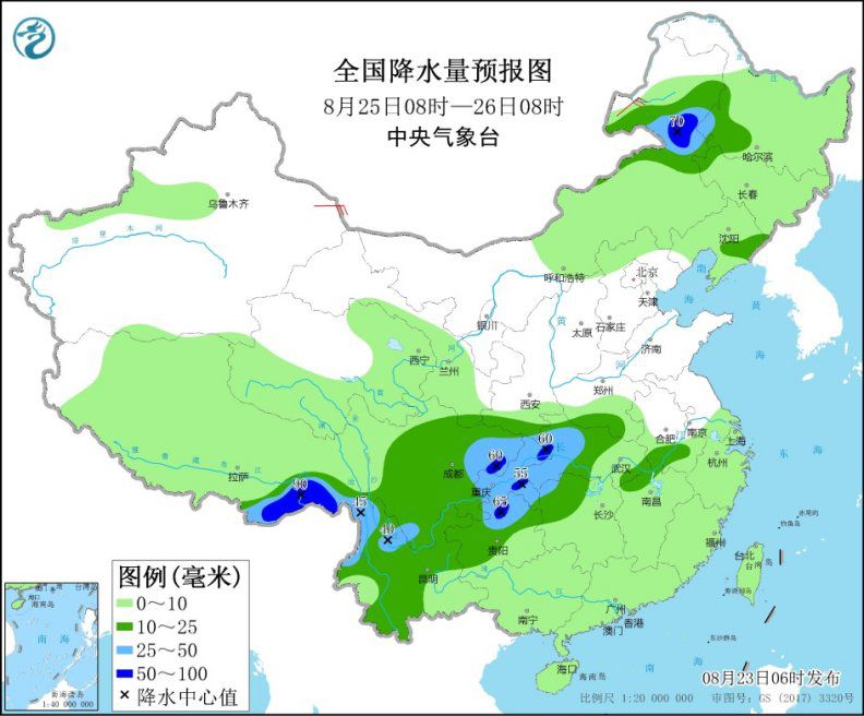 图4 全国降水量预报图(8月25日08时-26日08时)