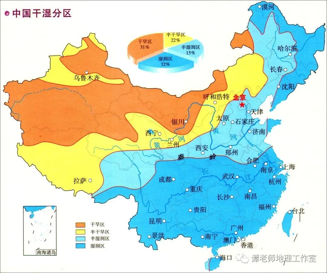 的干湿分区形成了以降水量为划分依据进而近乎平行的等降水量线形成了