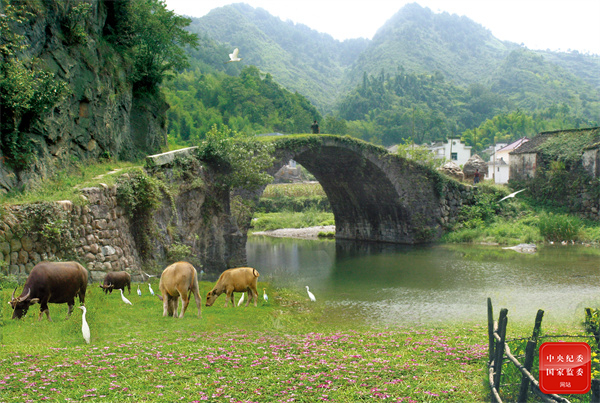 青山环抱,绿水绕村,人与自然和谐共处的自然风景美如画.