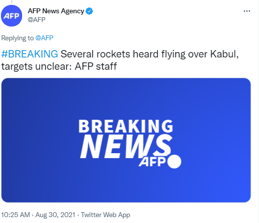 刚刚，“几枚火箭弹从喀布尔上空飞过”​！