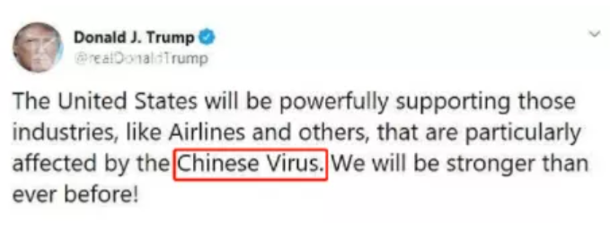 　　△当地时间2020年3月16日，特朗普在社媒上首次使用“中国病毒”提法。