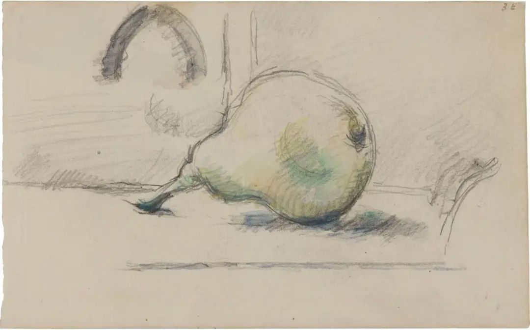保罗·塞尚，《梨》，约1882；纸上水彩和铅笔