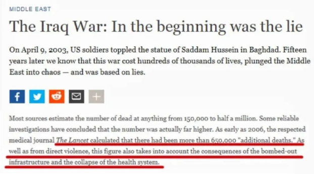 △德国之声文章《伊拉克战争从一开始就是个谎言》：《柳叶刀》杂志估计有超过65万伊拉克人在战争中“额外死亡”。