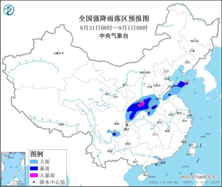 全国强降雨落区预报图(8月31日08时-9月1日08时)来源：中央气象台网站