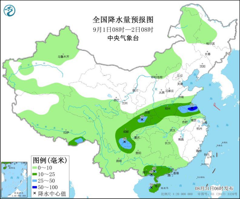 全国降水量预报图(9月1日08时-2日08时)来源：中央气象台网站