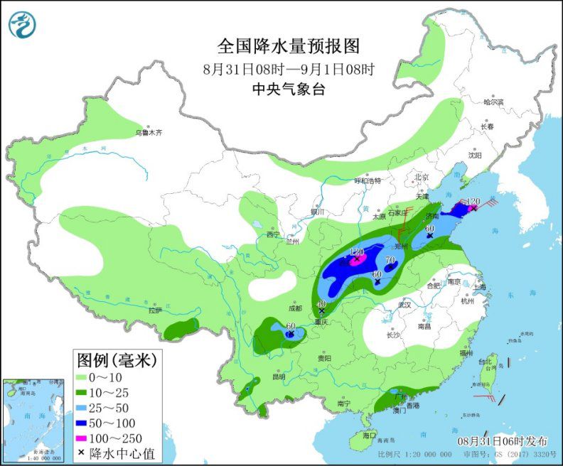 全国降水量预报图(8月31日08时-9月1日08时)来源：中央气象台网站