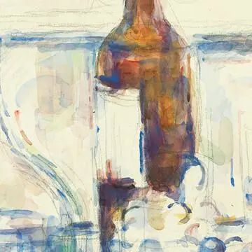 保罗·塞尚，《静物和卡拉夫瓶、酒瓶和水果》细节，1906；纸上水彩和铅笔