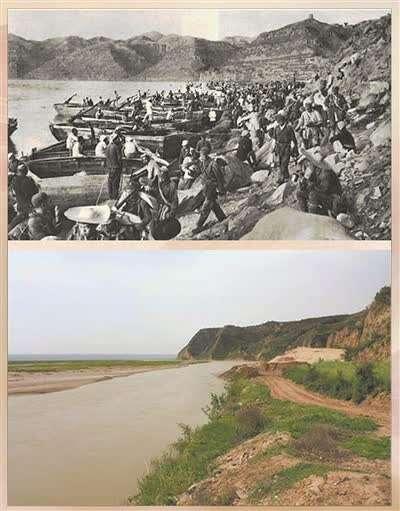 图①:八路军东渡黄河旧址今昔对比;图②:王克西父亲王志臻行军作战