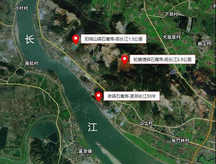 长江黄冈武穴段3个磷石膏库位置示意图,其中离长江最近的距离仅50米。图片来源:生态环境部