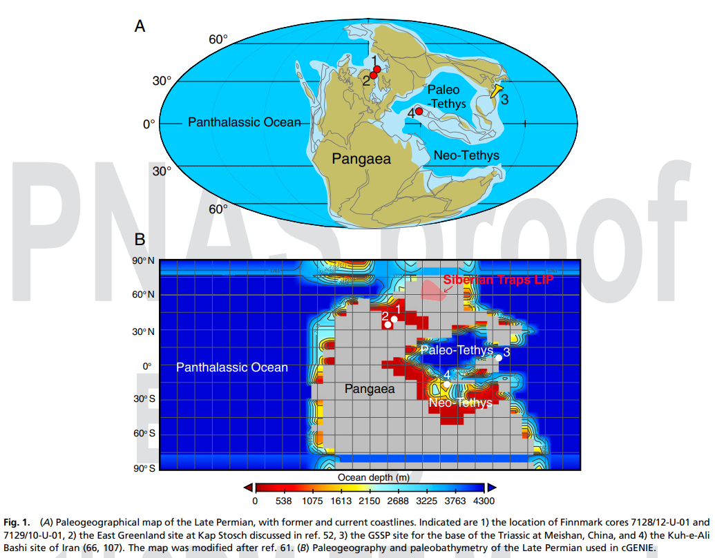 A：晚二叠世古地理图 B：地球系统模型中使用的晚二叠世古地理和古测深 图源：论文