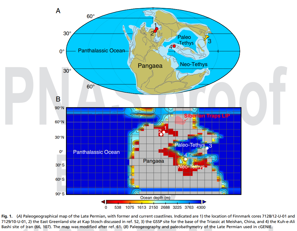 A：晚二叠世古地理图 B：地球系统模型中使用的晚二叠世古地理和古测深  图源：论文