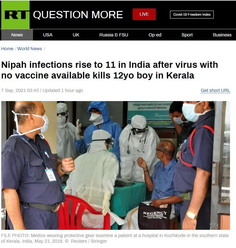 印度南部暴发尼帕病毒疫情,已致1人死亡,11人感染