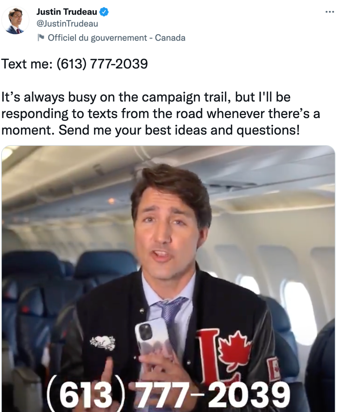 特鲁多在个人社交媒体公布自己的电话号码。/社交媒体截图