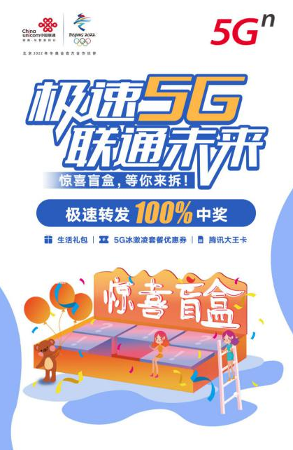 将生活礼包设置成盲盒,在该活动进行期间,将创意海报"极速5g,联通未来
