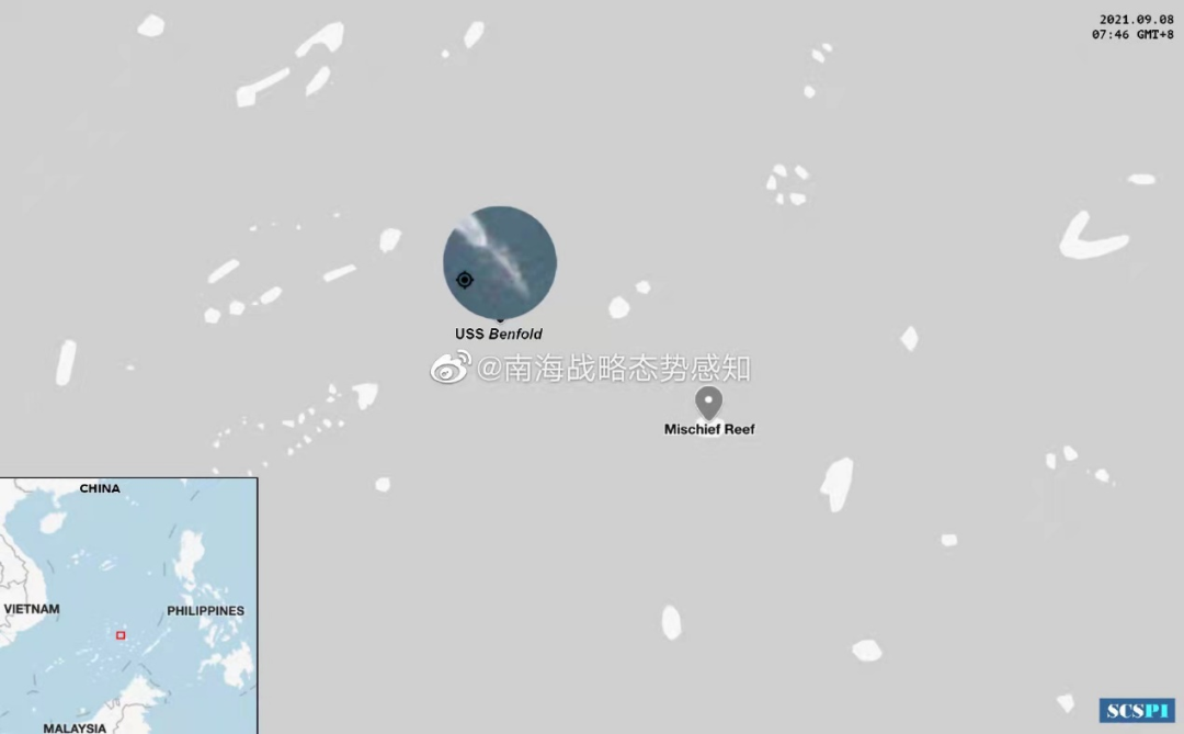 图为南海态势感知平台发布的美舰闯美济礁的卫星图。