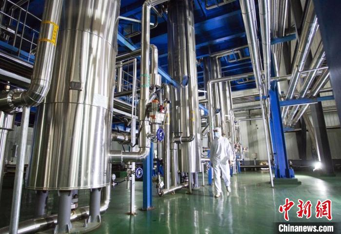 图为甘肃成县境内的萃取车间里,工作人员巡查超临界二氧化碳流体萃取