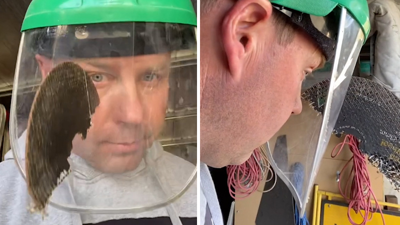 惊险角磨机切割片砸向男子面部戳破防护面具