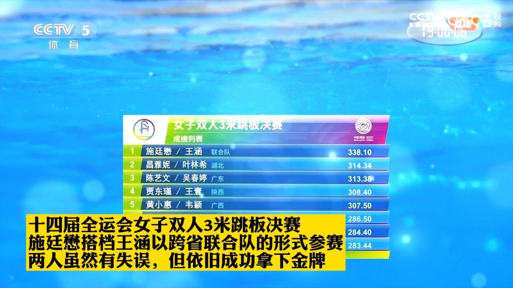 919月10日晚上,十四届全运会女子双人3米跳板决赛上演