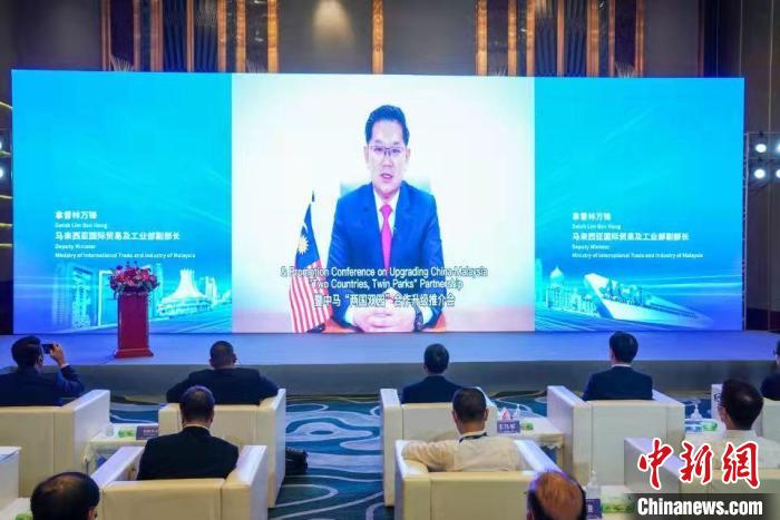 图为马来西亚国际贸易及工业部副部长拿督林万锋发表视频致辞。陈冠言 摄