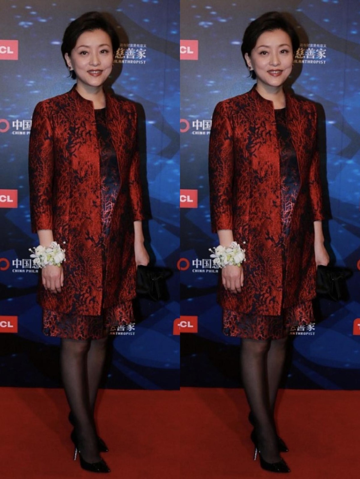 杨澜也有不端庄的时候红色大衣挺优雅的配上黑丝略显俗气