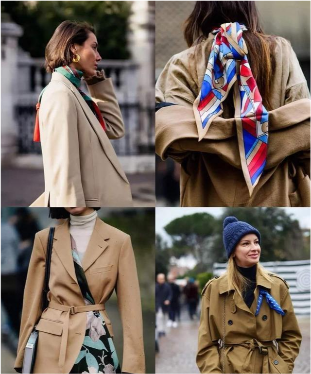 中型丝巾以及大型丝巾,根据不同丝巾的尺寸大小,则是搭配在不同地方