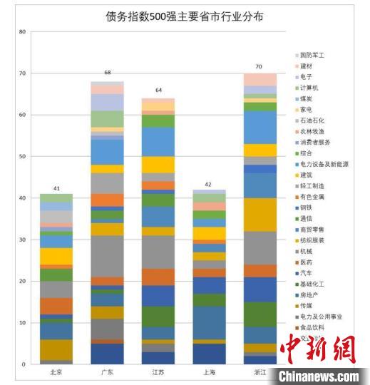 债务指数500强企业主要省市行业分布。浙江大学公共政策研究院供图