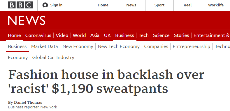 BBC报道截图：时尚品牌因售价1190美元的“种族主义”运动裤陷入风波