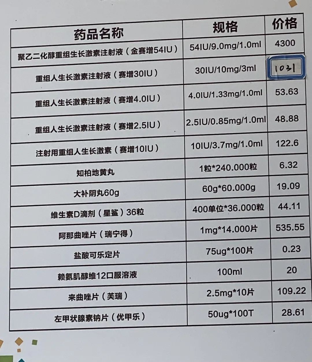 诊所公示的药品价格图源:偶尔治愈新华社报道,生长激素分粉剂和水剂