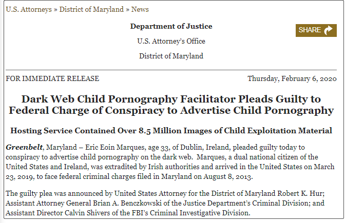 美国联邦政府指控马奎斯传播儿童色情图片。来源：马里兰州检察院办公室