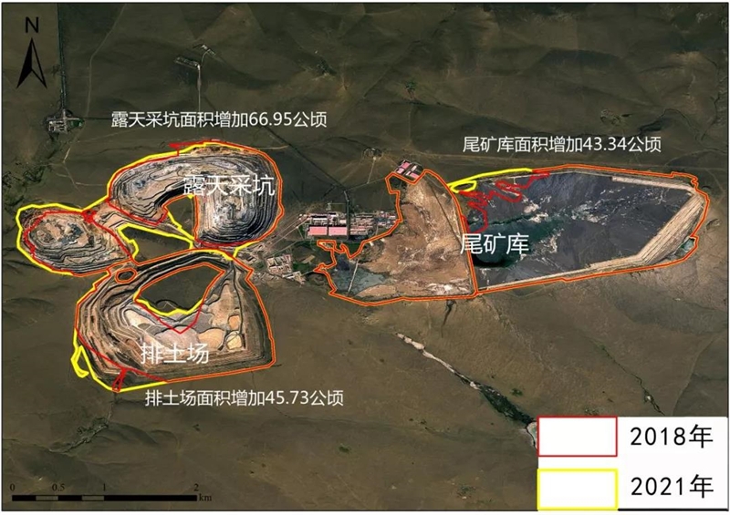 图3 卫星遥感影像显示，2021年内蒙古矿业排土场、尾矿库及露天矿坑等合计占用草原面积较2018年增加约156公顷