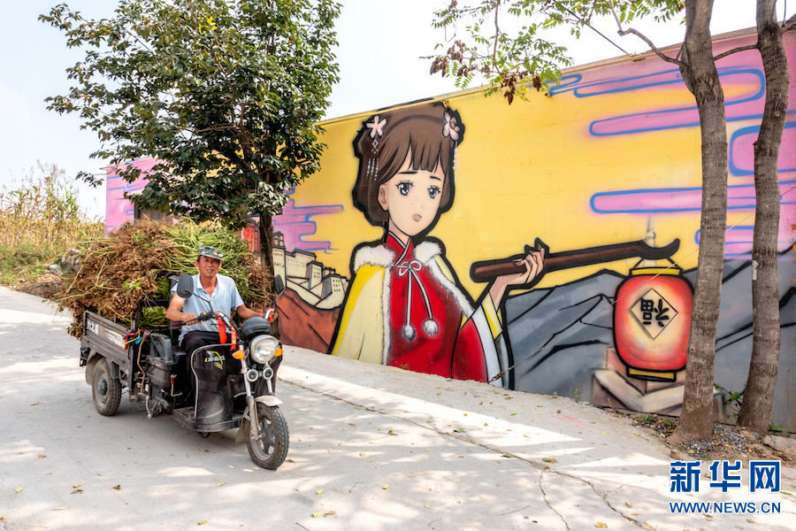 9月15日,河南省辉县市张村乡大王庄小屯村,农家墙上的绘画吸引了城里