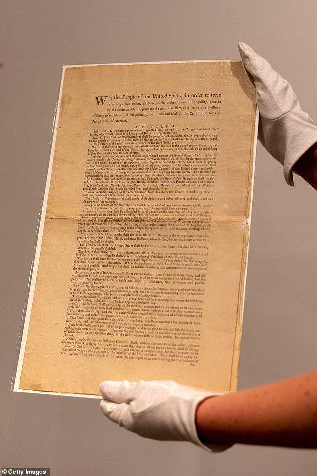美国11份宪法原件之一将于11月在苏富比拍卖预计卖129亿