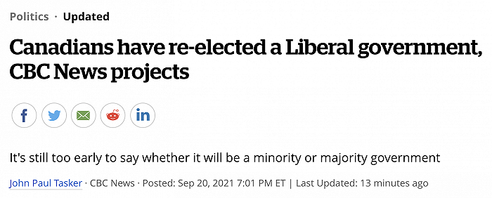 加拿大广播公司：自由党政府将连任，尚不清楚能否组成多数党政府