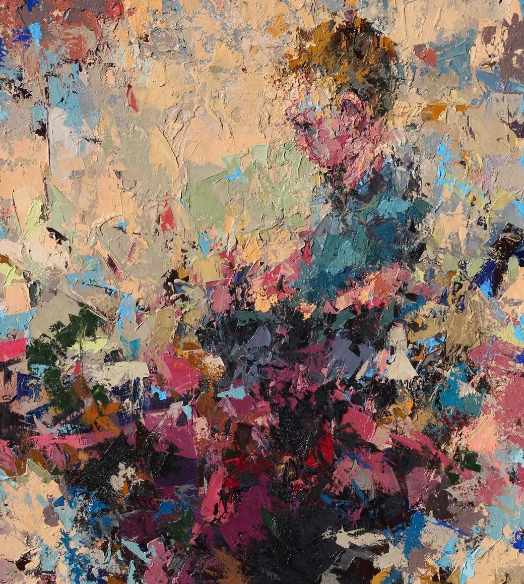 他将杂碎的色块厚重的纹理融于画中的人物