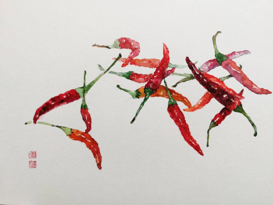 贾绍萍轻水彩系列一日三餐之小辣椒