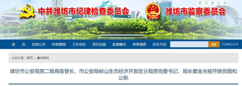 潍坊市公安局峡山生态经济开发区分局原党委书记、局长窦金光被开除党籍和公职休闲区蓝鸢梦想 - Www.slyday.coM