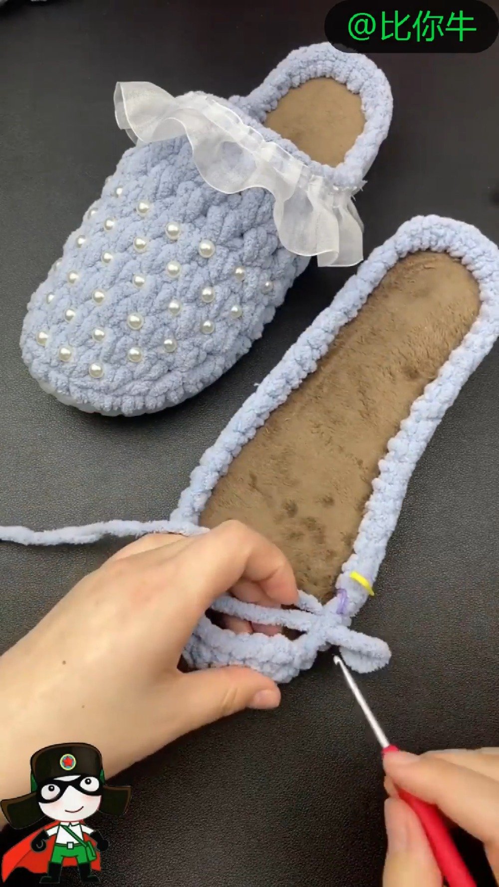 钩针编织泡芙花拖鞋 手工自制
