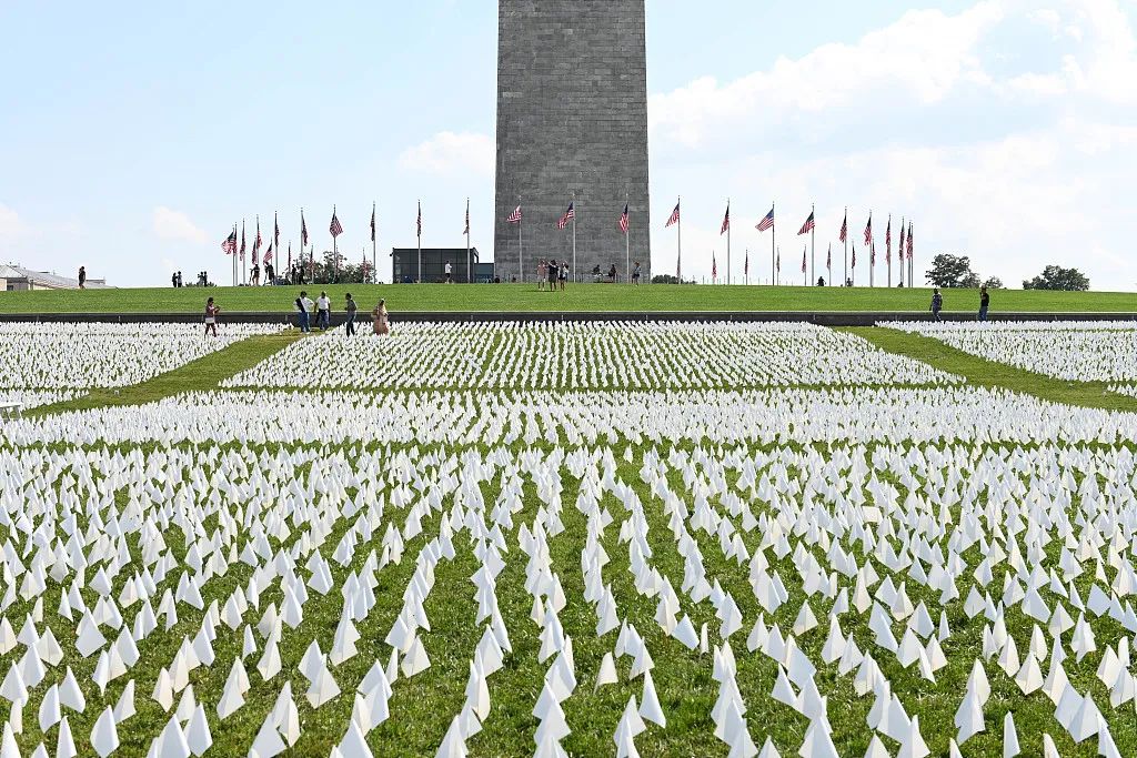 震撼一幕:华盛顿插70万小白旗 游客合照"死亡纪念板"