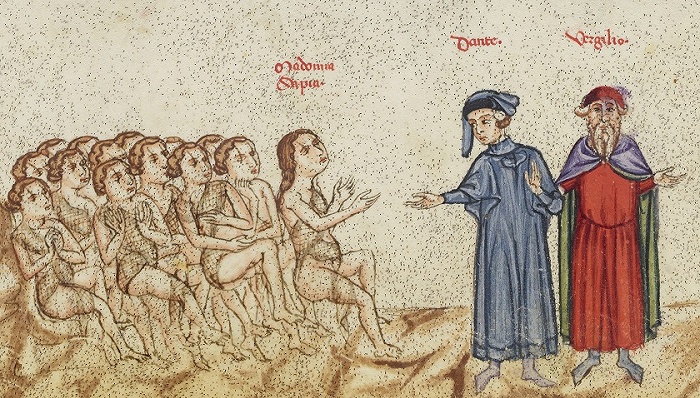 在一幅14世纪的插画中，但丁向眼睛被缝住的莎比亚伸出手。图片来源：牛津大学伯德雷恩图书馆，CC BY-NC