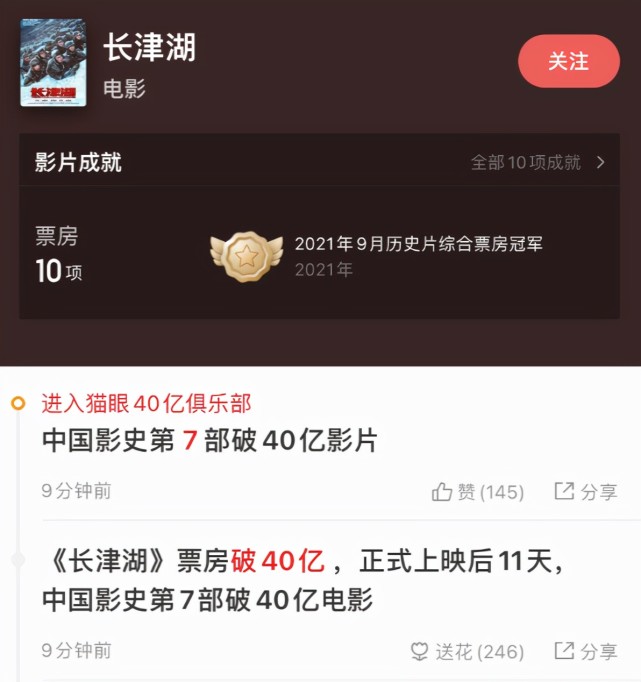 《长津湖》破40亿，成为第7部票房超40亿影片，打破25项记录休闲区蓝鸢梦想 - Www.slyday.coM