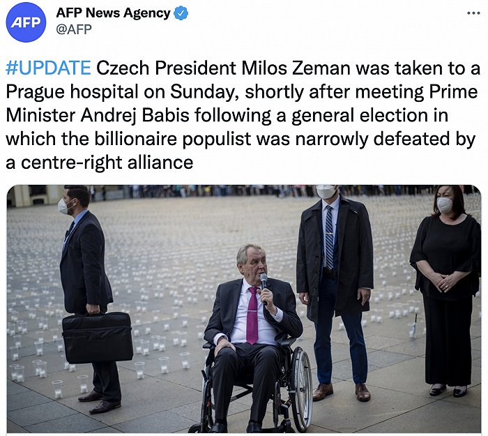 捷克总统泽曼会晤总理巴比什不久后入院，系决定该国下一任总理人选关键人物