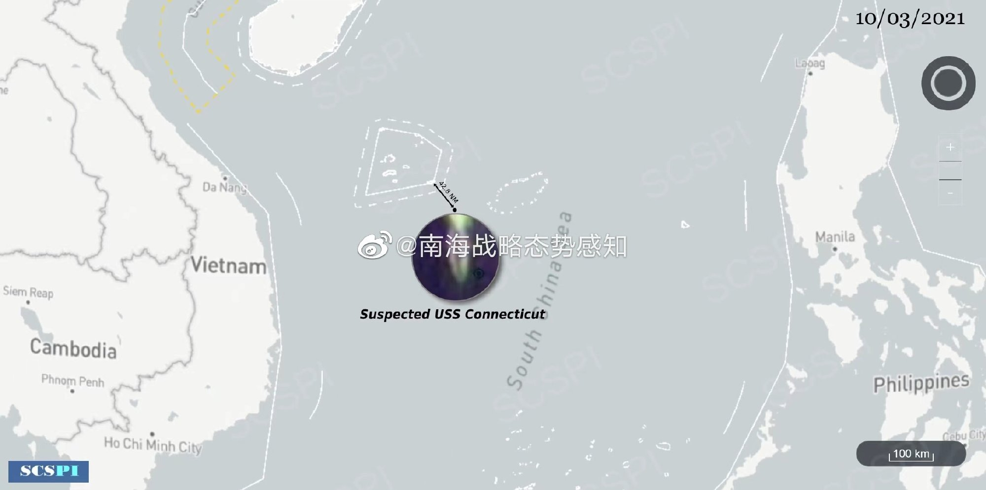 西沙东南海域发现疑似美军事故核潜艇,“康涅狄格”号可能一度逼近三亚基地 图源:南海战略态势感知