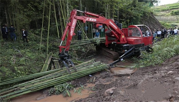 现场展示了电动剪刀快速砍竹,溜索索道高山运竹,抓竹专车集竹转运,竹