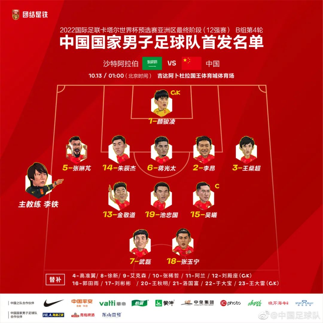 国足本场首发阵容。图片来源：中国足球队。