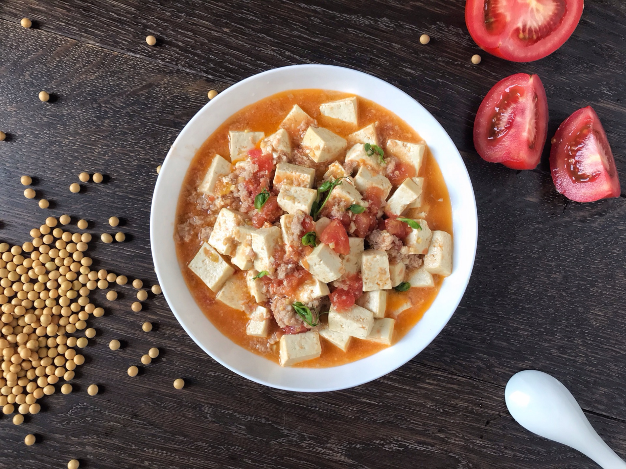 家常蕃茄肉末豆腐简单快手汤汁拌上米饭味道超棒