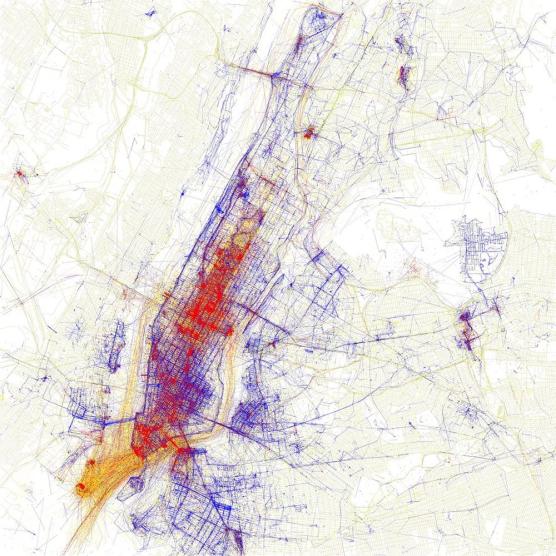 纽约游客游览线路地图，用于指导旅游线路优化及城市管理（来源：flickr）