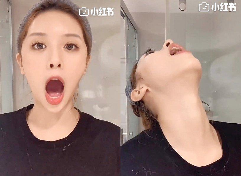 接着保持张嘴抬头的动作,再将嘴巴闭起,整个脖子就会有很明显的拉伸感