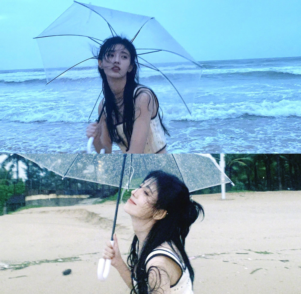 鞠婧祎晒海边氛围感写真,湿发撑伞清纯动人皮肤白到发光……|鞠婧祎